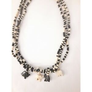 African Black & Ivory Colored Beaded w/Four Elephants  Three Strand Necklace